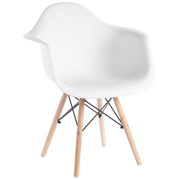 Fabulaxe Mid-Century Modern Style Plastic DAW Shell Dining Arm Chair with Wooden Dowel Eiffel Legs, White QI003748.WT